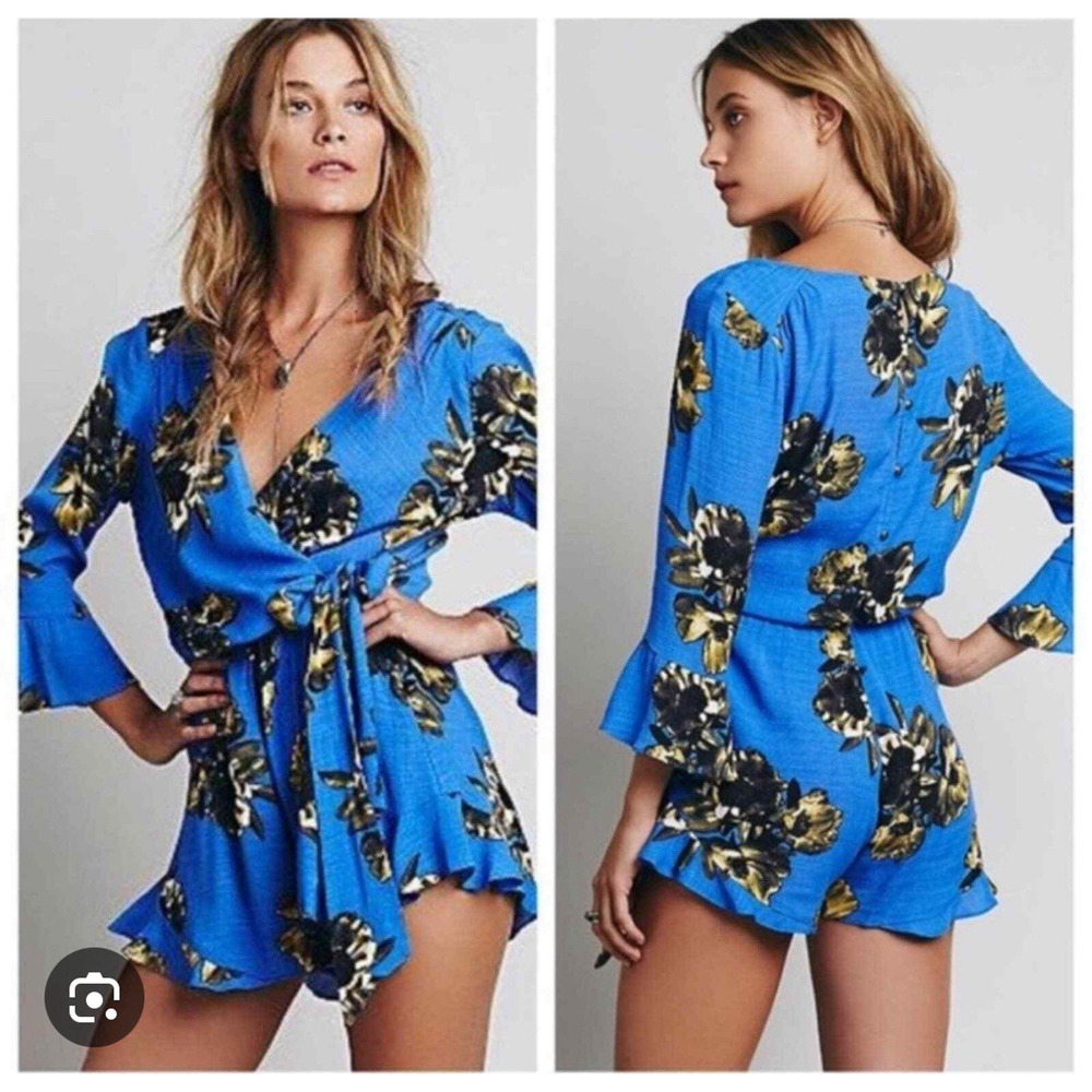 Free People '25 Royal Blue Floral Romper Rush Ruffles Wrap Front about Sz L-XL